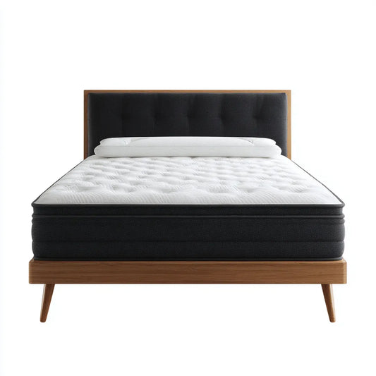 Lit double avec matelas 160 x 200 cm noir et brun en bois massif et polyester rectangulaire