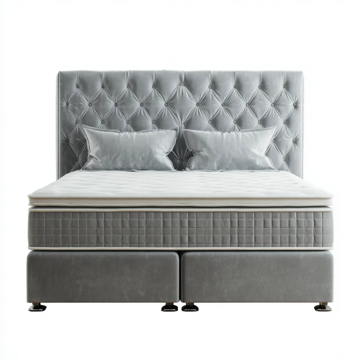 Lit double avec matelas gris 160 x 200 cm en velours polyester avec tête de lit capitonnée rectangulaire