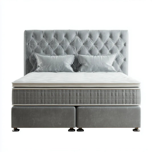 Lit double avec matelas gris 160 x 200 cm en velours polyester avec tête de lit capitonnée rectangulaire