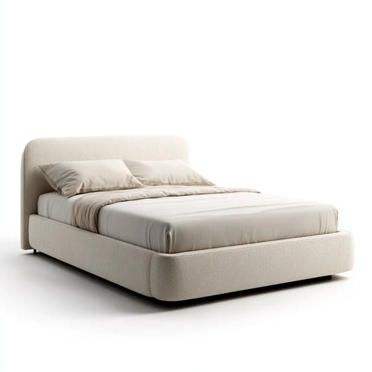 Lit double 160 x 200 cm beige en polyester avec tête de lit rembourrée arrondie