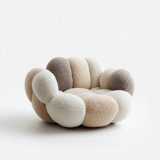Fauteuil lounge fleur ivoire et beige en polyester bouclette forme ronde 100 x 90 x 75 cm