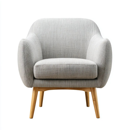 Fauteuil lounge avec accoudoirs gris clair en polyester pieds en hêtre massif forme arrondie 72 x 76 x 84 cm