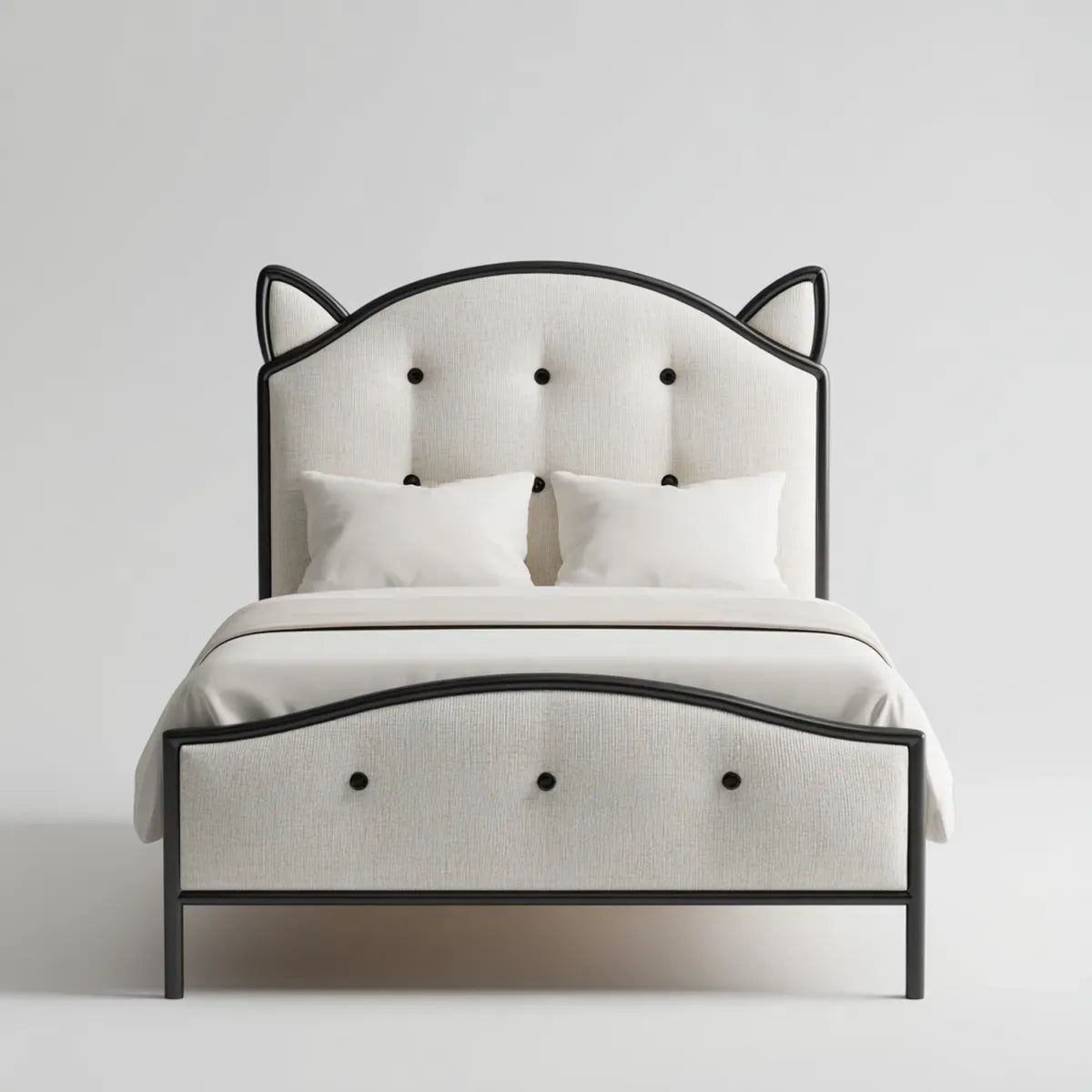 Lit double 140 x 190 cm beige et noir en polyester avec cadre en acier tête de lit ondulée oreilles de chat