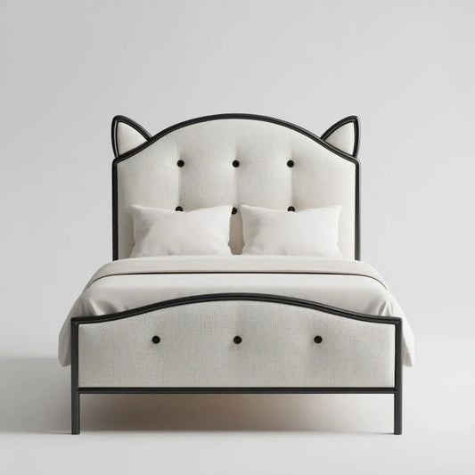 Lit double 140 x 190 cm beige et noir en polyester avec cadre en acier tête de lit ondulée oreilles de chat