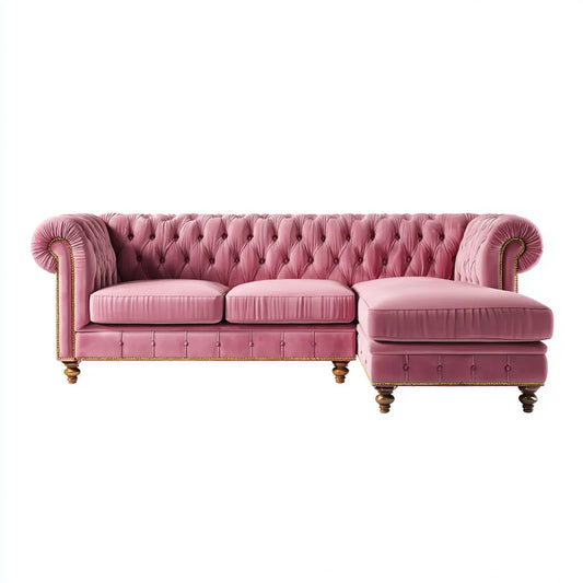 Canapé d’angle Chesterfield rose 275 x 165 x 78 cm en cuir synthétique PU avec méridienne droite