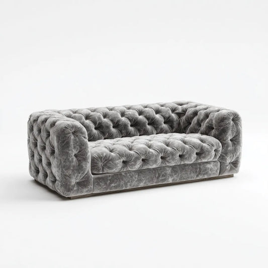 Canapé Chesterfield droit 3 places gris en velours polyester capitonné 220 x 95 x 75 cm