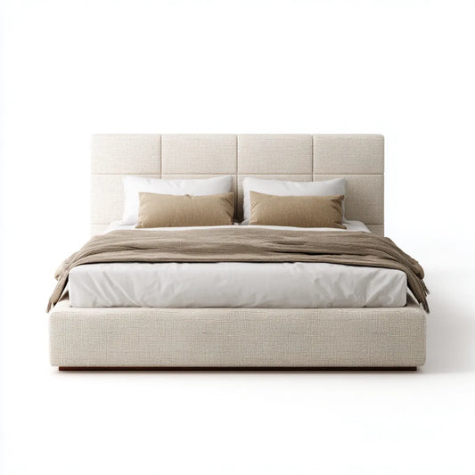 Lit double beige 160 x 200 cm en polyester à tête de lit rectangulaire