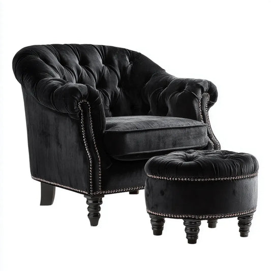 Fauteuil lounge Chesterfield avec repose-pieds noir en velours polyester forme arrondie fauteuil 110 x 95 x 75 cm repose-pieds 75 x 55 x 40 cm